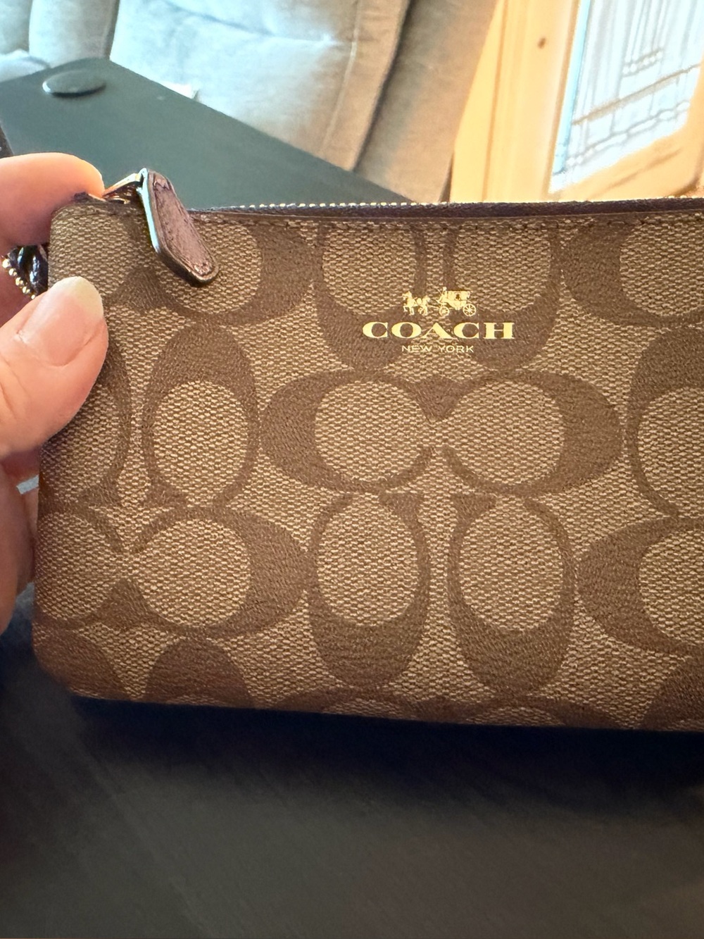 Coach Signature Logo Zip Pouch Wallet, Brown, Women’s Wristlet
